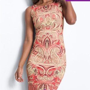 Venus Womens Sheath Bodycon Dress Paisley Round Neck Sleeveless Beige Pink SZ S